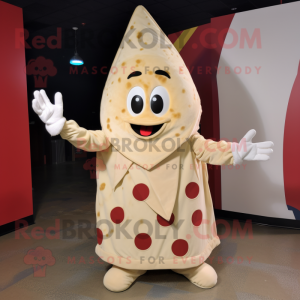 Cream Pizza Slice mascot costume character dressed with a Jumpsuit and Mittens
