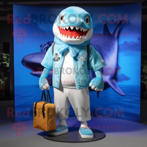 Sky Blue Megalodon mascot costume character dressed with a Bermuda Shorts and Wallets