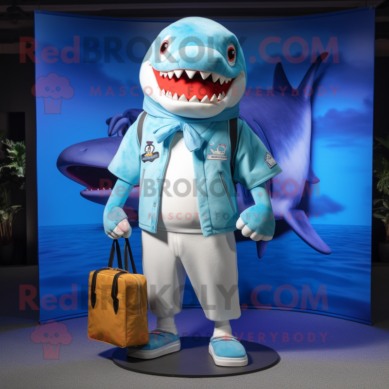 Sky Blue Megalodon mascot costume character dressed with a Bermuda Shorts and Wallets