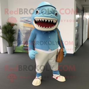 Sky Blue Megalodon mascot costume character dressed with a Bermuda Shorts and Wallets