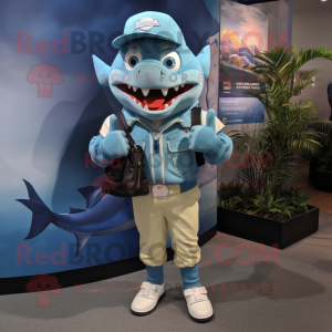 Sky Blue Megalodon mascot costume character dressed with a Bermuda Shorts and Wallets