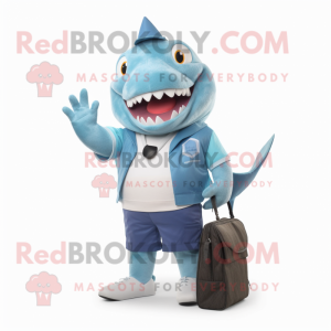Sky Blue Megalodon mascot costume character dressed with a Bermuda Shorts and Wallets