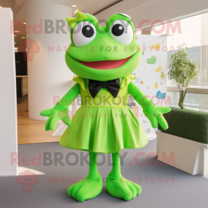 Lime Green Frog mascot costume character dressed with a Skirt and Bow ties