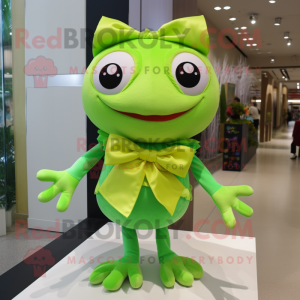 Lime Green Frog mascot costume character dressed with a Skirt and Bow ties