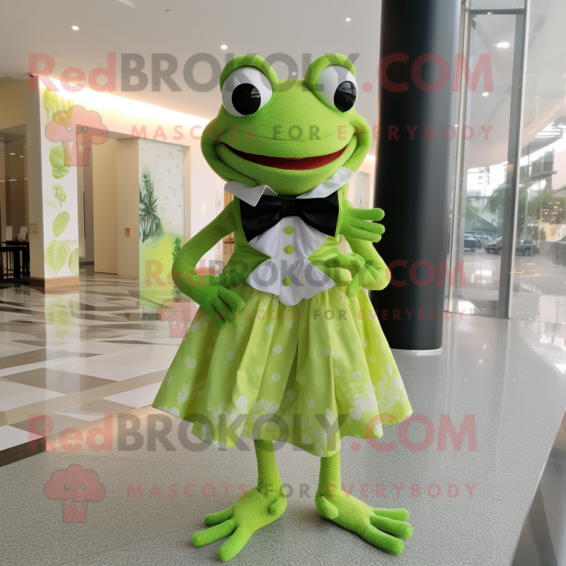 Lime Green Frog mascot costume character dressed with a Skirt and Bow ties