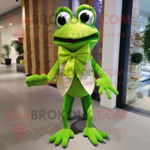 Lime Green Frog mascot costume character dressed with a Skirt and Bow ties