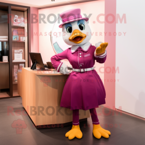 Magenta Geese mascot costume character dressed with a Pencil Skirt and Belts