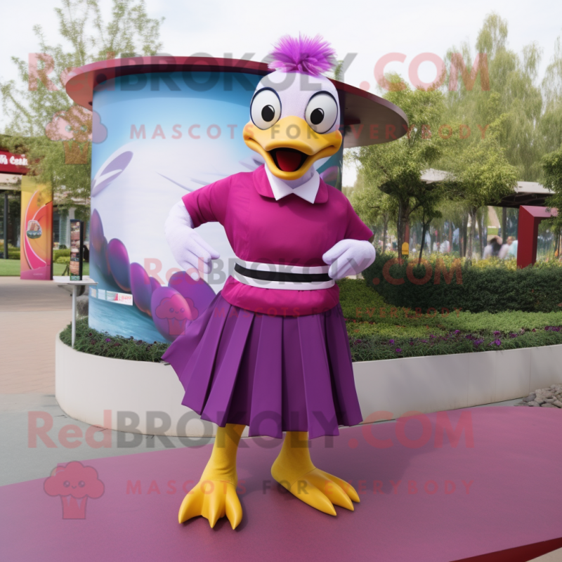 Magenta Geese mascot costume character dressed with a Pencil Skirt and Belts Magenta Geese mascot costume character dressed with a Pencil Skirt and Belts