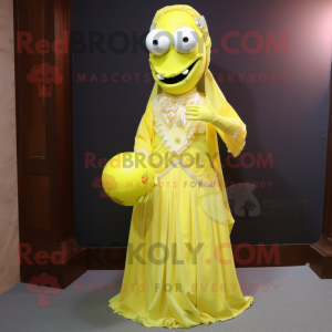 Lemon Yellow Undead mascot costume character dressed with a Ball Gown and Tie pins