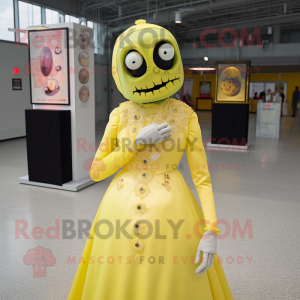 Lemon Yellow Undead mascot costume character dressed with a Ball Gown and Tie pins