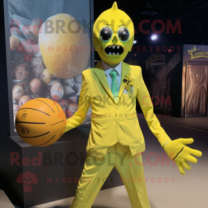 Lemon Yellow Undead mascot costume character dressed with a Ball Gown and Tie pins