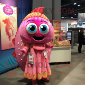 Pink Fish Tacos mascot costume character dressed with a Sheath Dress and Coin purses