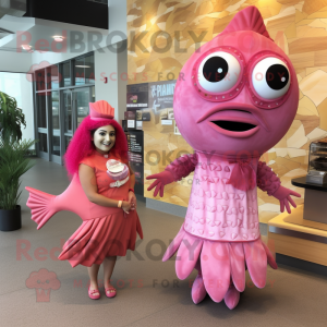 Pink Fish Tacos mascot costume character dressed with a Sheath Dress and Coin purses