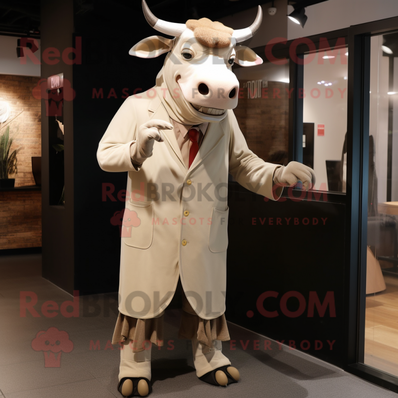 Beige Zebu mascot costume character dressed with a Coat and Ties Beige Zebu mascot costume character dressed with a Coat and Ties