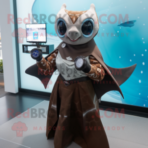 Brown Manta Ray mascot costume character dressed with a Shift Dress and Smartwatches
