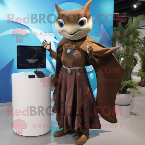 Brown Manta Ray mascot costume character dressed with a Shift Dress and Smartwatches