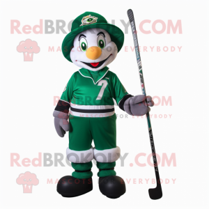 Forest Green Ice Hockey Stick mascot costume character dressed with a Culottes and Caps