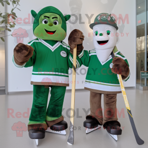 Forest Green Ice Hockey Stick mascot costume character dressed with a Culottes and Caps