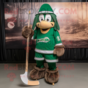 Forest Green Ice Hockey Stick mascot costume character dressed with a Culottes and Caps