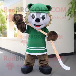 Forest Green Ice Hockey Stick mascot costume character dressed with a Culottes and Caps