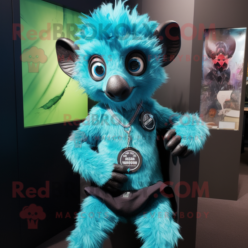 Cyan Aye-Aye mascot costume character dressed with a Bodysuit and Bracelet watches