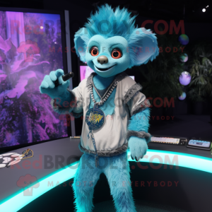 Cyan Aye-Aye mascot costume character dressed with a Bodysuit and Bracelet watches