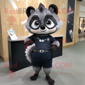 Black Raccoon mascot costume character dressed with a Pencil Skirt and Hair clips