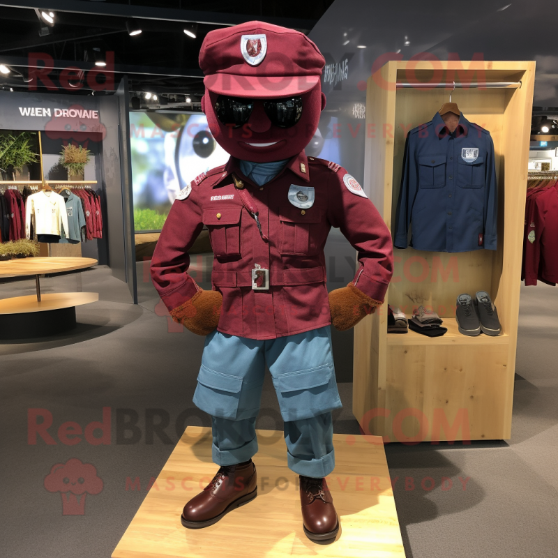 Maroon Para Commando mascot costume character dressed with a Chambray Shirt and Coin purses