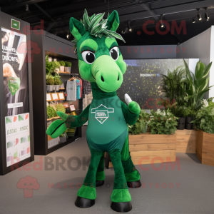 Forest Green Horse mascot costume character dressed with a V-Neck Tee and Wraps