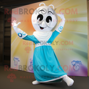 Cream Acrobat mascot costume character dressed with a Maxi Dress and Scarves