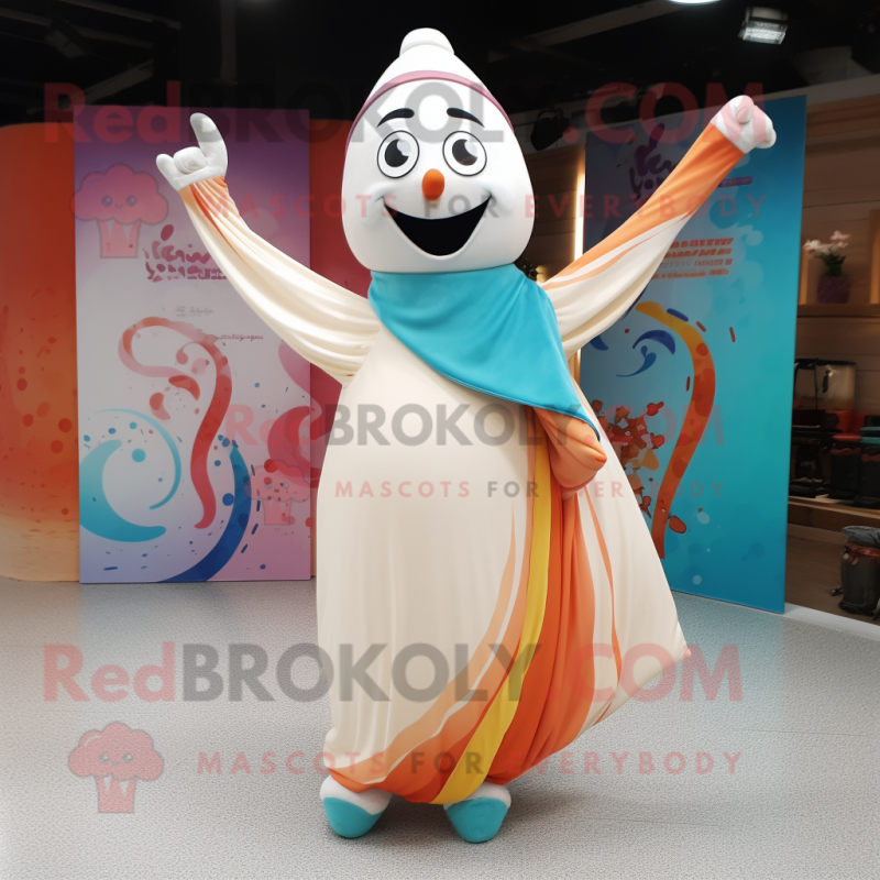 Cream Acrobat mascot costume character dressed with a Maxi Dress and Scarves