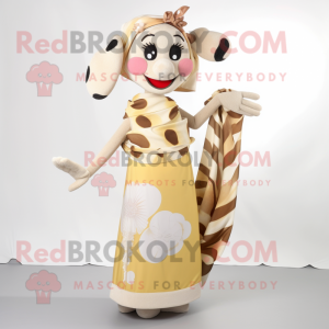 Cream Acrobat mascot costume character dressed with a Maxi Dress and Scarves