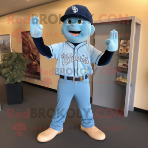 Cyan Baseball Glove mascot costume character dressed with a Mom Jeans and Tie pins