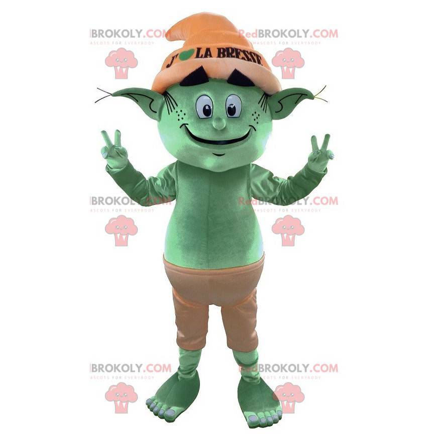 Mascotte dell'elfo verde dell'elfo gigante. Mascotte fata -