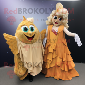 Tan Fish And Chips mascot costume character dressed with a Ball Gown and Scarves