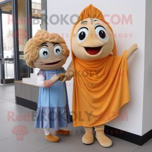 Tan Fish And Chips mascot costume character dressed with a Ball Gown and Scarves