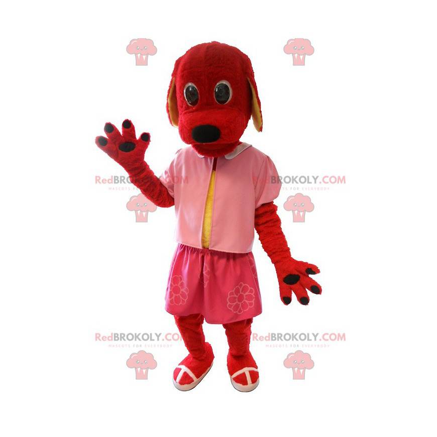 Mascote do cão vermelho vestido de rosa. Fantasia de cachorro -