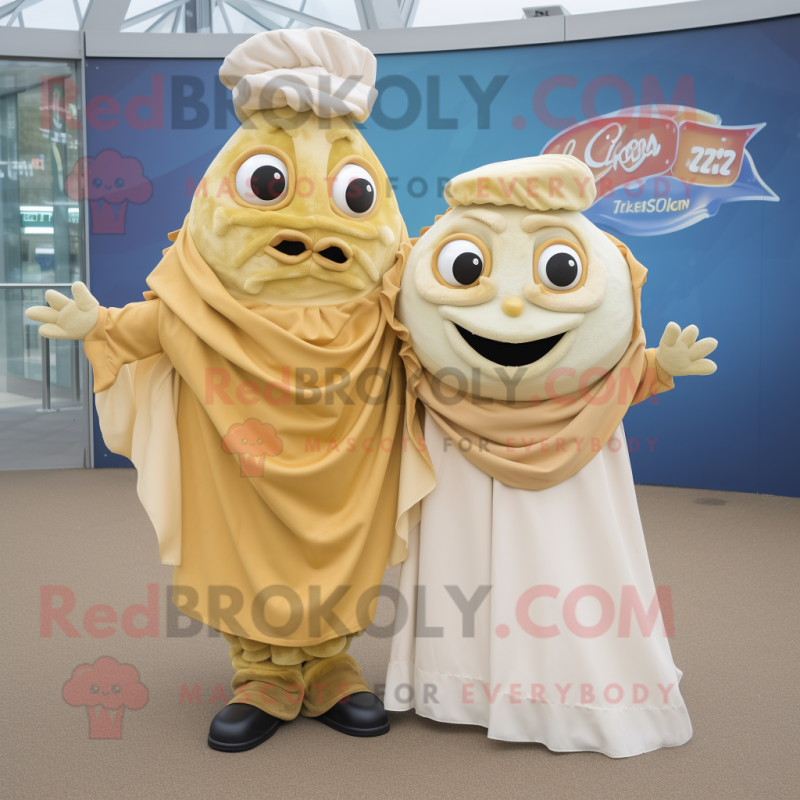 Tan Fish And Chips mascot costume character dressed with a Ball Gown and Scarves Tan Fish And Chips mascot costume character dressed with a Ball Gown and Scarves