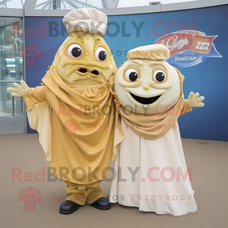 Tan Fish And Chips mascot costume character dressed with a Ball Gown and Scarves