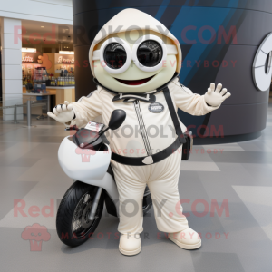 White Clam Chowder mascot costume character dressed with a Moto Jacket and Handbags