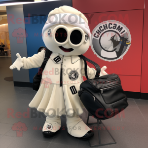 White Clam Chowder mascot costume character dressed with a Moto Jacket and Handbags