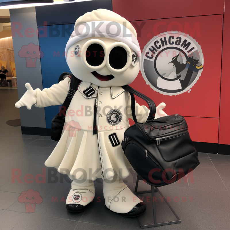 White Clam Chowder mascot costume character dressed with a Moto Jacket and Handbags White Clam Chowder mascot costume character dressed with a Moto Jacket and Handbags