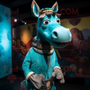 Turquoise Okapi mascot costume character dressed with a Turtleneck and Caps