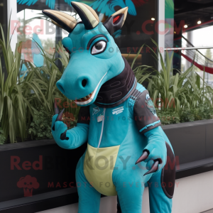 Turquoise Okapi mascot costume character dressed with a Turtleneck and Caps