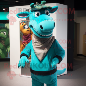 Turquoise Okapi mascot costume character dressed with a Turtleneck and Caps