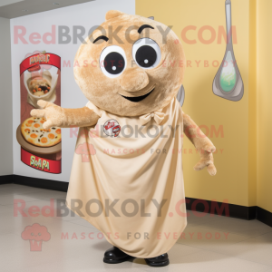 Tan Pizza mascot costume character dressed with a Wrap Skirt and Lapel pins