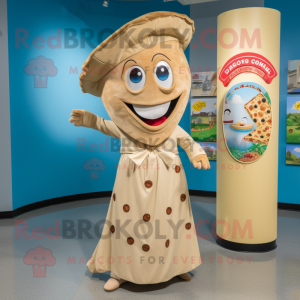 Tan Pizza mascot costume character dressed with a Wrap Skirt and Lapel pins