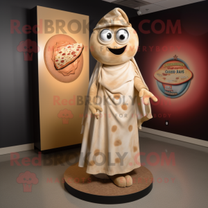 Tan Pizza mascot costume character dressed with a Wrap Skirt and Lapel pins