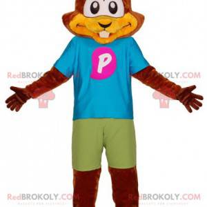 Mascote esquilo castor marrom com uma roupa colorida -