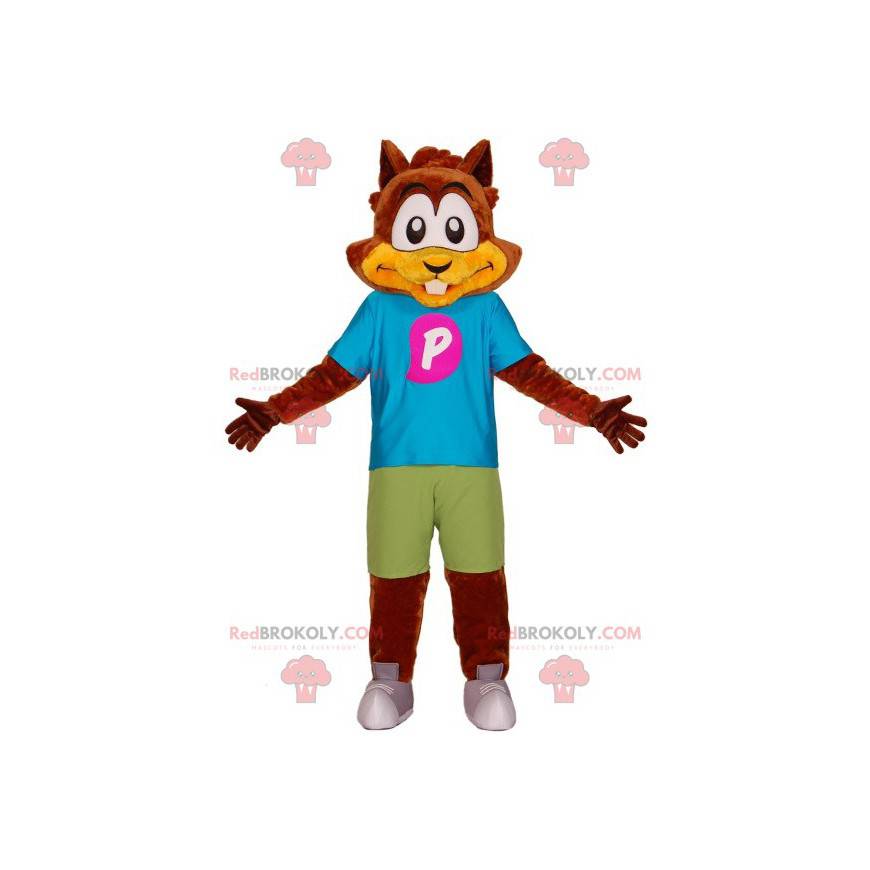Mascote esquilo castor marrom com uma roupa colorida -